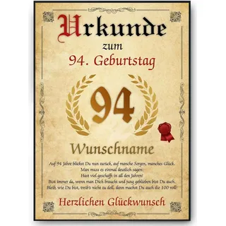 Urkunde zum 94. Geburtstag personalisiertes Geschenk Jahrgang 1931 Geburtstagsurkunde 94 Jahre Geburtstagsgeschenk – DIN A4 + Rahmen schwarz