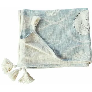 Loberon Plaid Calerand, Maritime Print-Motive, Verziert mit Pailletten und Glasperlen, Quasten an den Ecken, Überwurf, Tagesdecke, Wohndecke, Baumwolle, weiß/blau