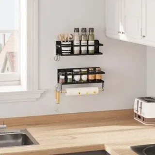 2er Set Gewürzregal Wand Wandregal Gewürzhalter Küchenregal Aufbewahrung mit Küchenrollenhalter 4 Haken Schweberegal hängend Wandmontage, aus Metall