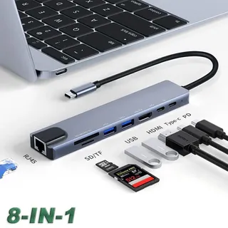 8 in 1 Typ-C Hub zu USB 3.0 USB-C HDMI LAN RJ45 SD TF Adapter für Macbook Laptop - Grau