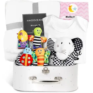9 in 1 Baby Geschenkset, Neugeborenen Geschenk, Geschenke zur Geburt mit Baby Sicherheitsdecke, Baby Strampler, Grußkarten, Plüschpuppen, Babyrasseln, Elfensocken, Elfenarmband (Weiß)