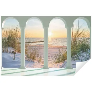 Wallarena Fototapete 3D EFFEKT Strand Terrasse Sand Meer Fenster Wohnzimmer Schlafzimmer, Glatt, 3D-Optik, Tapete inklusive Kleister Vliestapete Motivtapete 3.68 m x 2.54 m