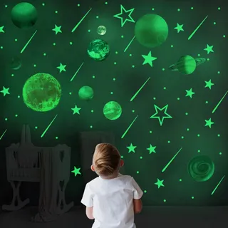 Leuchtsterne Selbstklebend Kinderzimmer, CAYUDEN Grünen Sonnensystem Leuchten Im Dunkeln Planeten Wandaufkleber Deckendekorationen Leuchtende Aufkleber Wandtattoo Kinderzimmer Jungen Mädchen Kinder