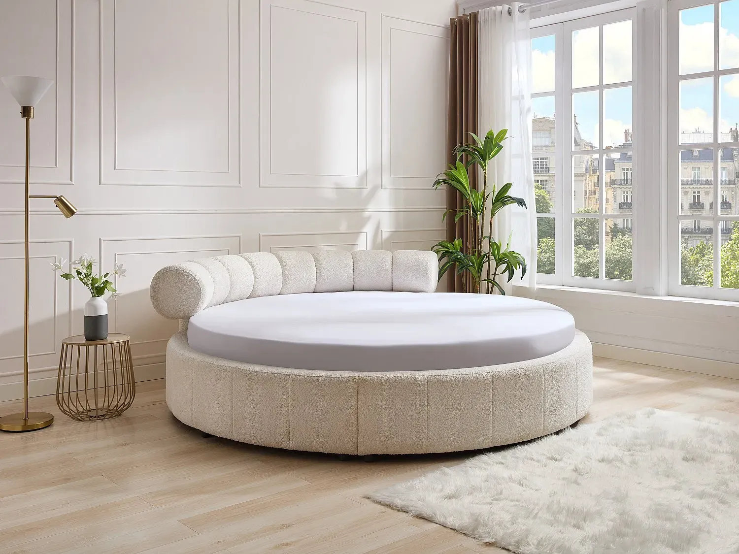 Bett rund - 220 x 220 cm - Bouclé-Stoff - Weiß - ROGILA