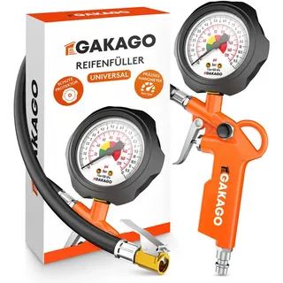 Gakago Reifenfüller - Präziser Reifendruckfüller mit hochwertigem 0-12 bar Druckluft Manometer - Extra langer 45cm Reifenfüllschlauch - Vielseitiger Reifendruckprüfer für Auto, LKW, Fahrrad uvm.
