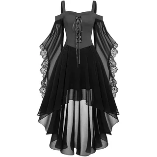 AACH Halloween Kostüm Damen 2025 Gothic Kleid Mittelalter Gebundene Taille Kleider Schwarz Sexy Partykleid Renaissance Gotisch Schulterfrei Minikleid Trompetenärmel Patchwork Spitzenkleid - XXL