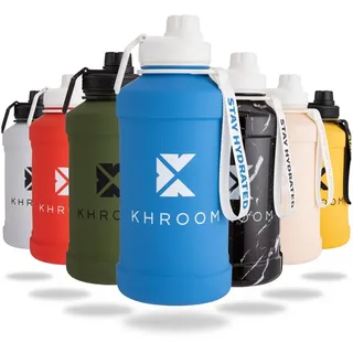 Khroom Edelstahl Trinkflasche 1,3L & 2,2L – Kohlensäure geeignet, auslaufsicher, spülmaschinenfest, einwandig, BPA-frei | Metall Outdoorflasche | 1 Liter Wasserflasche | Sportflasche Blau