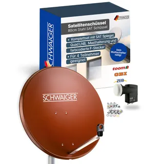 SCHWAIGER Satellitenschüssel Komplettset - Ø 80 cm Stahl Offset Antenne in Rot - Inkl. sonnengeschütztes Quad LNB 4-Fach - Digital HD & 4K Empfang - Integrierte Kabelführung & wetterfest