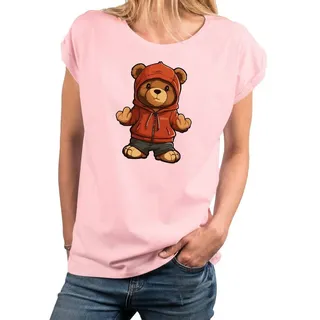 MAKAYA Print-Shirt Damen Kurzarm Teddybär coole lustige freche sexy Sommer Tops Teddy rosa L