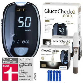GlucoCheck Gold Blutzuckermessgerät (mmol/l) + 110 Blutzuckerteststreifen, 10 Lanzetten, 1 St