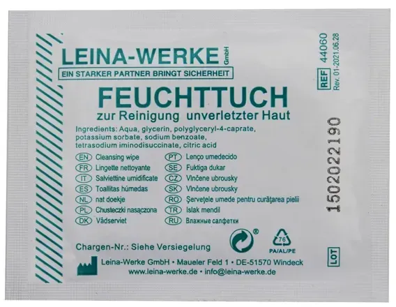 Erste Hilfe Material Leina Feuchttuch zur Reinigung unverletzter Haut, für Normen 13157 und 13169