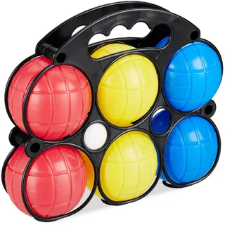 Relaxdays Spiel, 6 Petanque Kugeln in 3 Farben Kunststoff mit Zielkugel Tragekorb Boule, Bunt, H x
