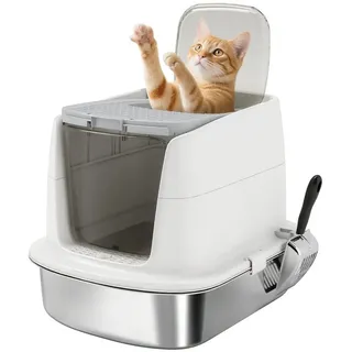 Vivifying Katzenklo Edelstahl Leicht zu Reinigen und Geruchsresistent Katzentoilette Edelstahl, Auslauf-und Verschüttungssicher, Katzenklo mit Schaufel und Matte