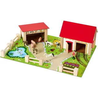 Eichhorn Bauernhof 100004309 - Bauernhof bestehend aus 2 Gebäuden, Spielplatte, Figuren, Tiere, Zäune, 20 teilig, Größe 36x51cm, Buchenholz, für Kinder ab 3 Jahren