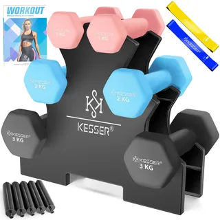 Kesser KESSER® Hantel-Set, 3 Paar, 1kg - 5kg, 12kg oder 18kg kurzhanteln mit Ständer Aufbewahrung, Fitnessstudio, Krafttraining, Hantelset rutschfeste Neopren, Mit Übungsheft, 2x Fitnessbänder