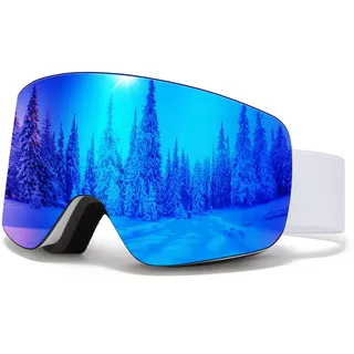 Skibrille für Unisex,Snowboard Brille OTG mit Anti-Rutsch Kopfband UV-Schutz Anti-Nebel,Skibrillen Vollständig Plattiertes REVO Einstellbare,Ski Goggles für Skifahren (05-REVO Blau/Weiß (VLT19 %))