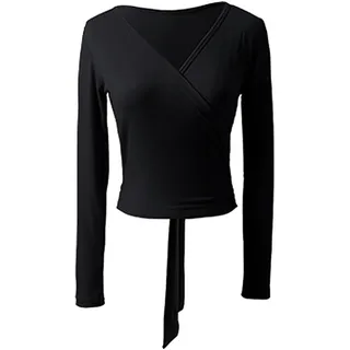 SHAIQGB Ballett Tanz Wickel Oberteile Frauen Mädchen Ballett Trikots Mantel Wrap Tops Langarm Ballett Tanz Gymnastik Overall Pullover Spitze-up Warm Up Cardigan(Black,M)