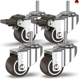 GBL 4x Möbelrollen mit 2 Bremsen - 4 Schwerlast Rollen für Möbel mit 2 Bremsen - 25mm M6x15mm Gewinde x 40kg Schwerlastrollen - Lenkrollen Transportrollen Laufrollen