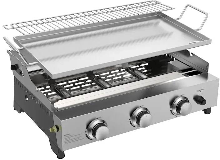 METRO PROFESSIONAL 3-Brenner Tisch Gasgrill mit Plancha Tornada, 61.5 x 32 cm, Edelstahl, silber