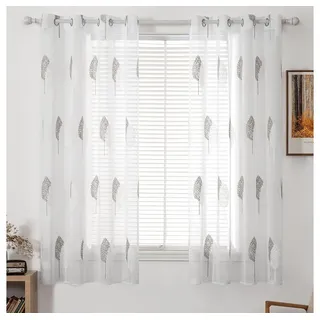 NUODWELL Gardine 2er Set Wohnzimmer Vorhänge, Modern Stickerei Blätter Muster Gardinen grau 140 cm x 215 cm
