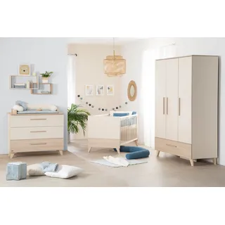 roba roba® Babyzimmer-Komplettset Sidney - modernes Kinderzimmer in Cashmere & Eiche, (Komplett-Set, 3-tlg., Babybett 70 x 140 cm, Wickelkommode, Kleiderschrank), Griffe & Füße aus Massivholz - Mit hochwertigen Fräsungen im Holz beige