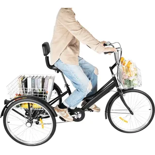 24 Zoll Dreirad für Erwachsene, 7 Einstellbare Geschwindigkeit Dreirad Fahrrad, Einstellbare Höhe Outdoor-Dreirad für Erwachsene(98.5-117cm) mit Einkaufskorb und Rückenlehne