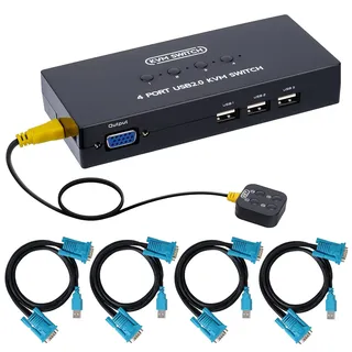 VGA KVM Switch mit 4 KVM Kabeln, 4 Port Umschalter für 4PC Sharing 1 Video Monitor, Tastatur, Maus, Drucker, Scanner