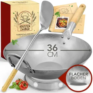 krustenzauber 36cm Wokpfanne Induktion Mit Flachem Boden - Traditionelle Stahlpfanne Mit Wender und Ring - Induktionsgeeignet, Woklette, Zubehör, Carbon Steel Karbonstahl