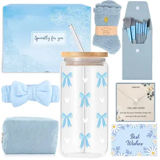 Geschenke für Mädchen Teenager 8 9 10 11 12 13 14 15 16 Jahre, Geburtstag Geschenk Mädchen Glasbecher, Trinkglas mit Strohhalm und Deckel, Schminkpinsel Kosmetiktasche Halskette Socken Haarband Sachen