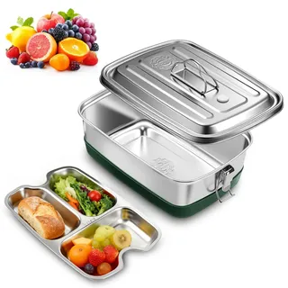 Zyiphor 2000ML Brotdose Edelstahl mit Fächern, Auslaufsicher BPA-Frei Brotbox Metall Doppellagig Lunchbox Jausenbox Edelstahl mit Dichtring für Mahlzeiten, Suppe, Salat