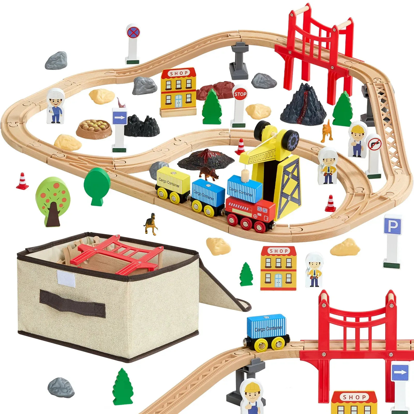 VEVOR Holzeisenbahn Set 70-tlg., Eisenbahn-Spielzeug für Kinder ab 3 Jahren, Baustellen-Kran-Zugspielzeug, kompatibel mit gängigen Marken, Weihnachts- & Geburtstagsgeschenk für Kleinkinder