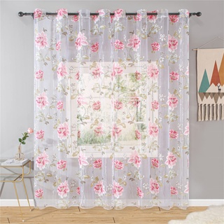 Gardinen Rosa Blume Tüll Gardinen Für Wohnzimmer Schlafzimmer Elegante Fenster Voile Pfingstrose Voile Lila Blumen,Rose,L100*H130Cm