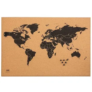 IDENA 10415 - Pinnwand "World Map" aus Kork, mit schwarzer Weltkarte, mit 6 Pinnwandnadeln, ca. 60 x 40 cm groß, ideal als Wandbild, Dekoration und für den Arbeitsplatz