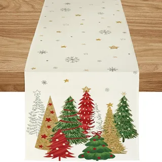 ZWJD Tischläufer Weihnachten 40x140 cm Tischläufer Beige Modern Weihnachtstischläufer Weihnachtsbäumen Schneeflocken Festliche Weihnachtsdeko Tisch für Winter, Feiertage, Esszimmer &Wohnzimmer