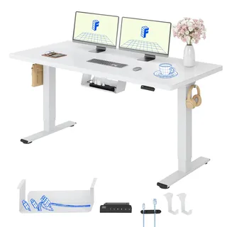 FlexiSpot Höhenverstellbarer Schreibtisch mit 2 Motoren & 25MM einteiliger Tischplatte,ergonomischer Bürotisch - 140 x 80 cm Weiß, weißes Gestell