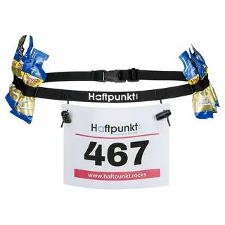 Haftpunkt Startnummernband (incl. 6 Gel Halter) zur Startnummer Befestigung - der Startnummerngürtel zum Einsatz bei Triathlon oder Marathon (schwarz)