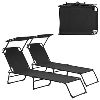 casa.pro 2x Sonnenliege 190cm schwarz mit Sonnendach Gartenliege Strandliege