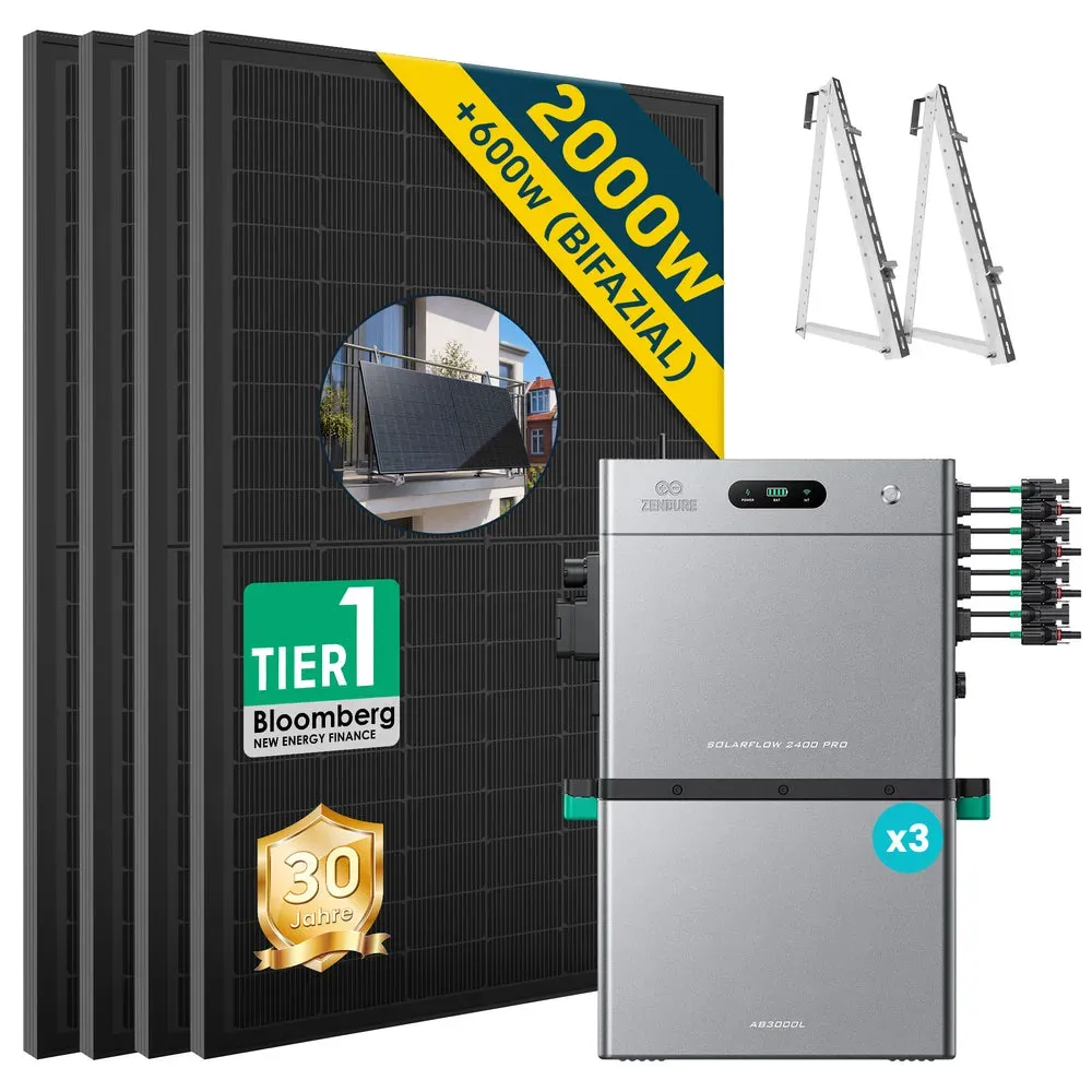 Balkonkraftwerk 2000W mit Speicher Zendure SolarFlow 2400 Pro 2.4Kwh, Komplettes Photovoltaiksystem - 4 Panels (2000Wp)🔥 / 3x AB3000L / Mit Balkon HAL