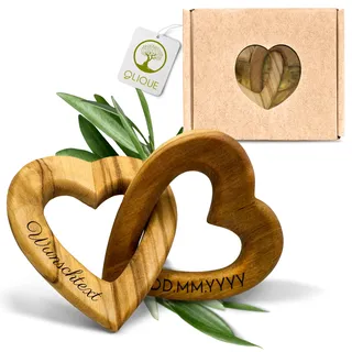 OLIQUE Holzherzen personalisiert, Olivenholz - Verbundene Holz Herzen mit Gravur als individuelles Geschenk zur Hochzeit, Hochzeitstag oder Verlobung (8 cm)
