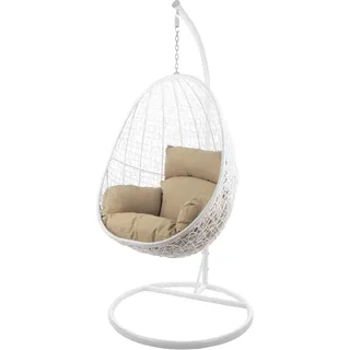 Kideo Komplettset: Hängesessel mit Gestell & Kissen, Korbsessel, Poly-Rattan (Gestell- und Korbfarbe: weiß, Kissen: Hellbraun Nest (7007_capucchino))