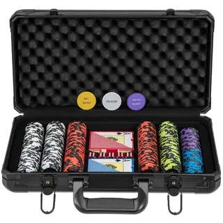 Costway Pokerset mit 300 Laser-Chips, Pokerkoffer mit 2 Spielkarten, 5 Würfeln, 3 Händler-Chips &2 Schlüsseln, Aluminium Kasino Pokerkoffer abschließbar, Poker Komplett Set (300 pcs)