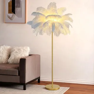 Federlampe Stehlampe Wohnzimmer Feder Stehlampe Gold, Stehlampe aus Natürlichen Weiß Straußenfedern Lampe, Hohe Federlampen, Stehlampen Feder Moderne Stehleuchte Lampe für Wohnzimmer Schlafzimmer