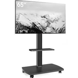 AOKCOS TV Ständer Rollbar mit Holzablage Regal, Fernsehständer auf Rollen für 32-65 Zoll Fernseher, TV Bodenständer Höhenverstellbar Schwenkbar, bis 40 kg Max. VESA 400x400mm (Schwarz)