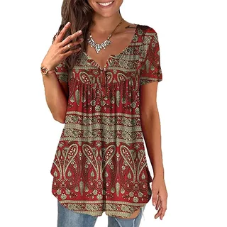 Baina Women's T-Shirt with Floral Print, V Neck Summer Top, Casual, Loose, Plus Size Tunic Tops for Women, Long Shirt, Oversize Blouse with Short Sleeves, M - 4XL Size,Rot,XL - XL