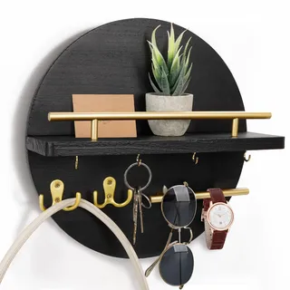 Dxiunove Schlüsselboard Vintage Holz mit Ablage Schlüsselbrett Rund Schlüsselhalter für Zuhause Dekorative Wandmontage Schlüsselbrett mit Vintage Charme(schwarz)