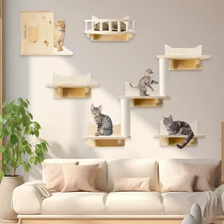 Katzen Kletterwand Set, 5 Teiliges Holz Wandmontage Katzenwandmöbel Set Inkl Katzenregale, Sitzstangen für Wand, Sisalpfostenleiter, Katzentreppe Wand und Katzenhöhle Wand