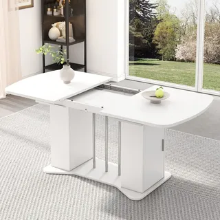 Flieks Oval Esstisch Küchentisch mit Schrank, Esszimmertisch Tisch Ausziehbar, Arbeitstisch Schreibtisch mit Erweiterbarer Tischplatte, Weiß, 120... - Weiß