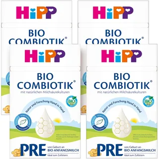 HiPP PRE Bio Combiotik (4 x 600g), Anfangsmilch von Geburt an, mit natürlichen Milchsäurekulturen, enthält nur Lactose als Kohlenhydrat, in bester Bio-Qualität
