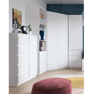 Lomadox Jugendzimmer Schrank Set mit Eckkleiderschrank, Kommode und 2 Regalschränke in weiß FORTALEZA-129