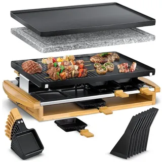 Kesser KESSER® Raclette-Grill mit Naturgrillstein, Grillplatte Tischgrill für 8 Personen, Elektrogrill Raclette Grill antihaftbeschichteter Grillplatte, 8 Pfannen und Holzspatel 1200W